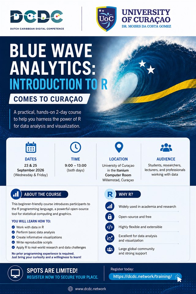 Blue Wave Analytics: Introduction to R comes to Cura&ccedil;ao. 23 and 25 September 2026, 9:00 to 13:00, University of Cura&ccedil;ao, Itanium Computer Room, Willemstad. A practical hands-on two-day course for students, researchers, lecturers and professionals working with data. No prior programming experience required.